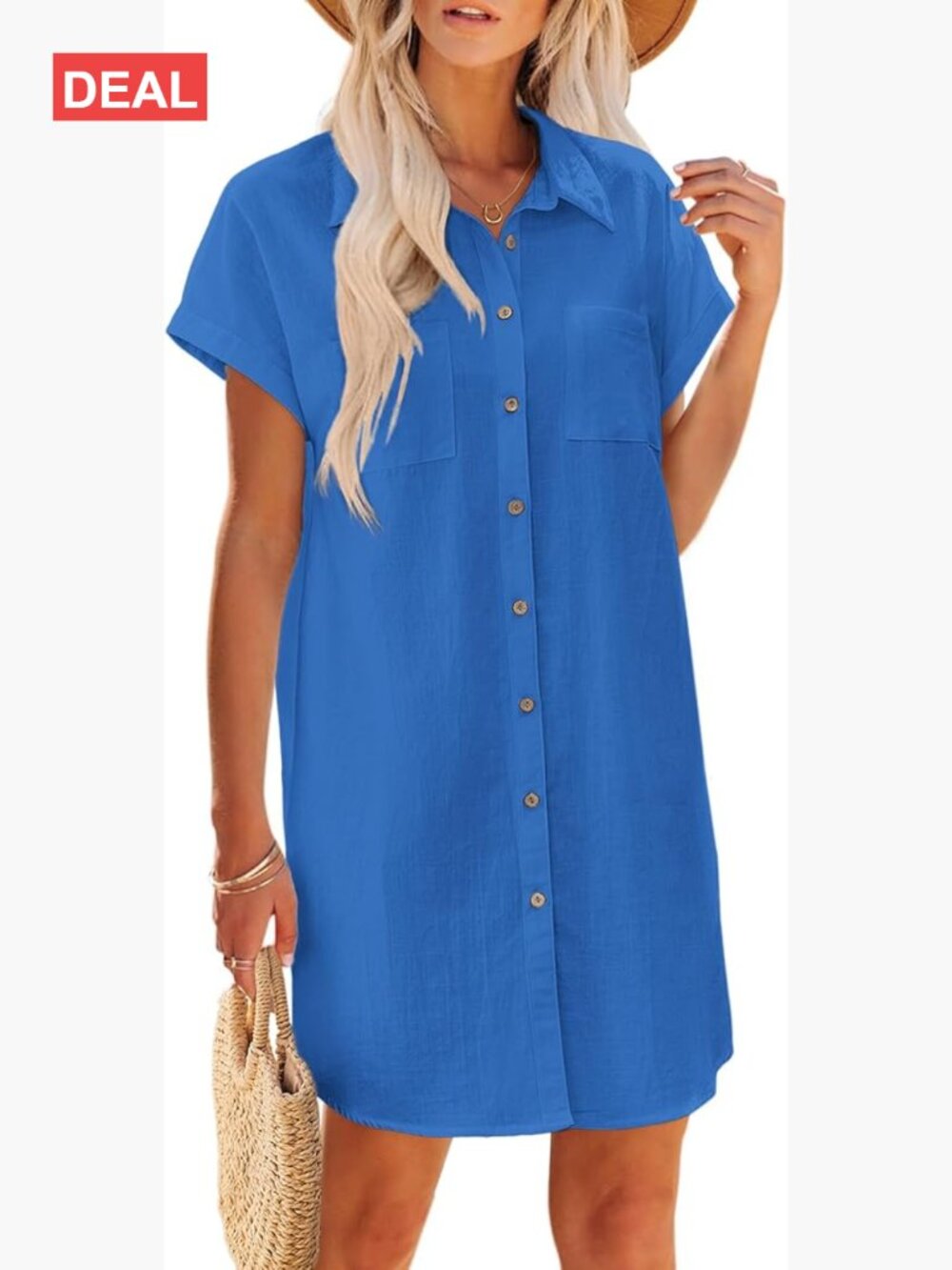 Cotton Button Down Short Sleeve Tshirt Dress Casual Mini Beach Dress